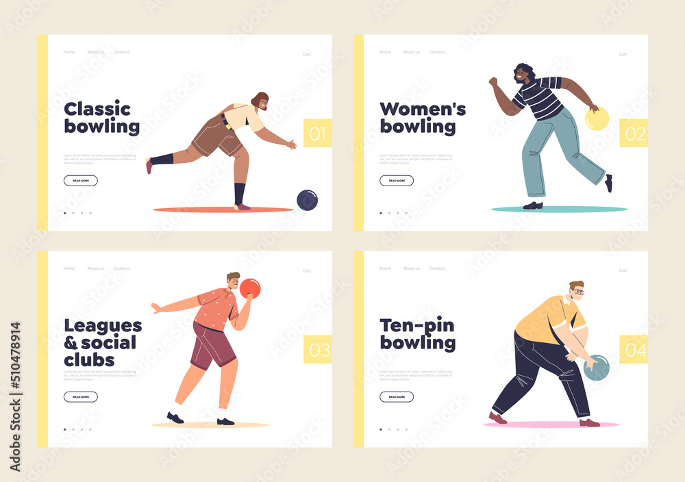 Bowling game concept of template landing pages set with cartoon character throwing balls for bowling Bowling game concept of template landing pages set with cartoon character throwing balls for bowling