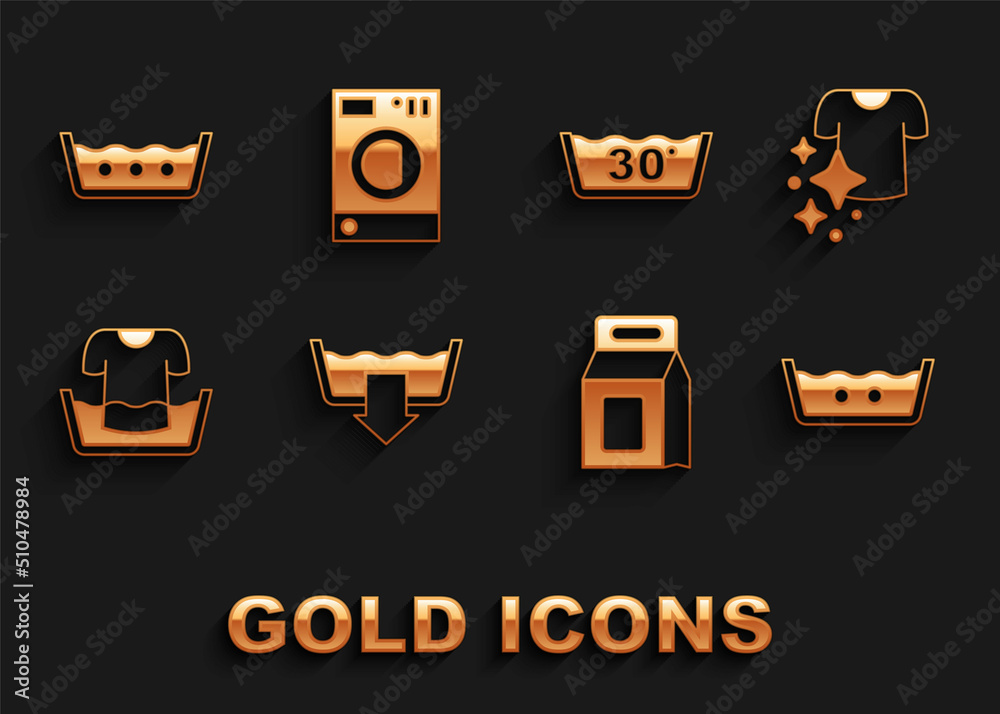 Set Washing modes, Drying clothes, Temperature wash, Laundry detergent, Basin with shirt, and Washer icon. Vector