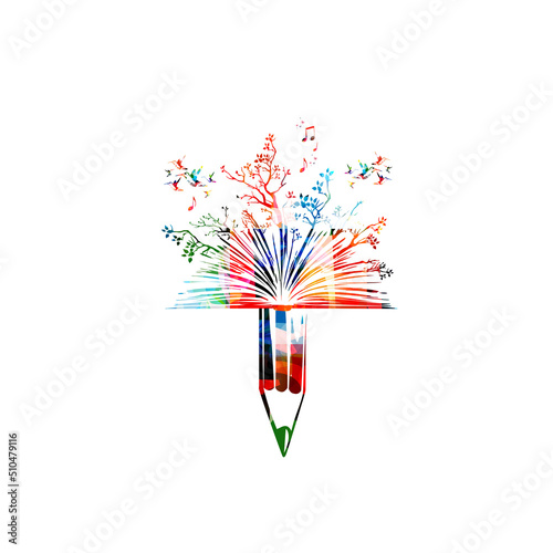  Magical open book with pen and growing trees isolated. Reading a book, inspirational education concept. Colorful enlightening design for library, bookstore, courses and lessons vector illustration