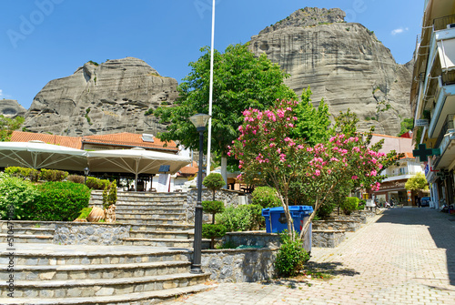view of a beautiful open-air restaurant in the city center. Mountain View. Greece, kalabaka. close up photo