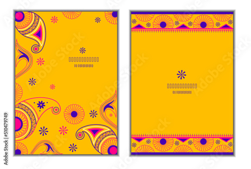 Set of paisley design greeting cards on bright amber color background