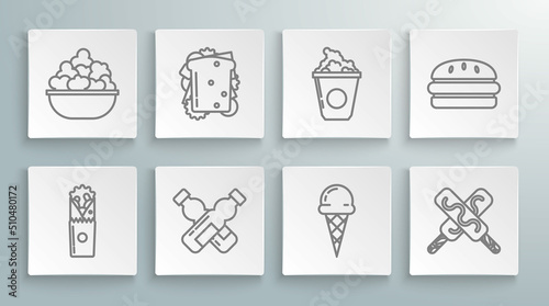 Set line Doner kebab, Sandwich, Crossed bottle of water, Ice cream in waffle cone, Popcorn cardboard box, Burger and bowl icon. Vector