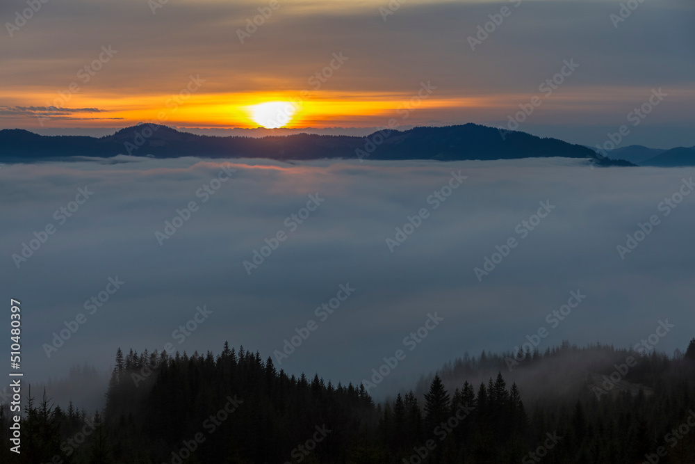 Forests and valleys in the clouds during sunrise in the mountains, Carpathians, Smotrych Forests and valleys in the clouds during sunrise in the mountains, Carpathians, Smotrych