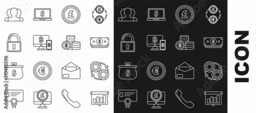 Set line Presentation financial board with graph, Stacks paper money cash, Coin pound sterling symbol, Computer monitor mobile phone bitcoin, Lock, Users group and Cryptocurrency Bitcoin icon. Vector