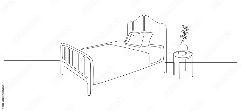 Continuous one line drawing of double bed and table with vase and plant. Scandinavian stylish furniture for cozy loft bedroom in simple linear style. Editable stroke. Doodle vector illustration