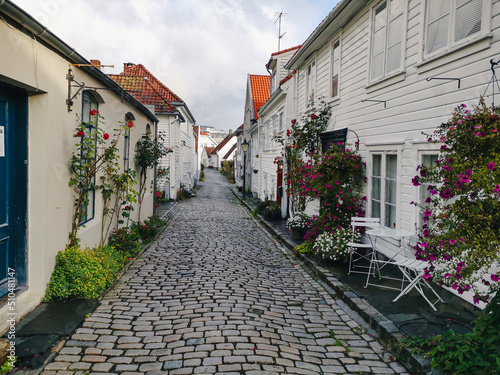 Old well preserved street with city buildings in Stavanger, Norway