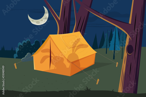 funny cartoon illustration of rabbits in a camping tent