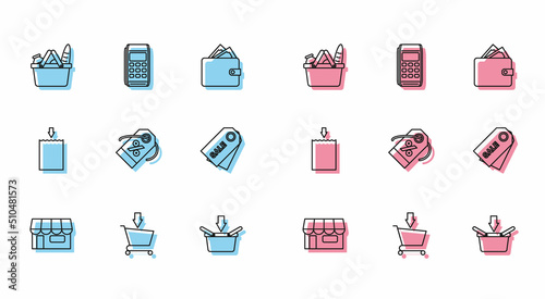 Set line Shopping building or market store, Add cart, basket and food, Discount percent tag, Price with inscription Sale, Paper shopping bag and Pos terminal icon. Vector