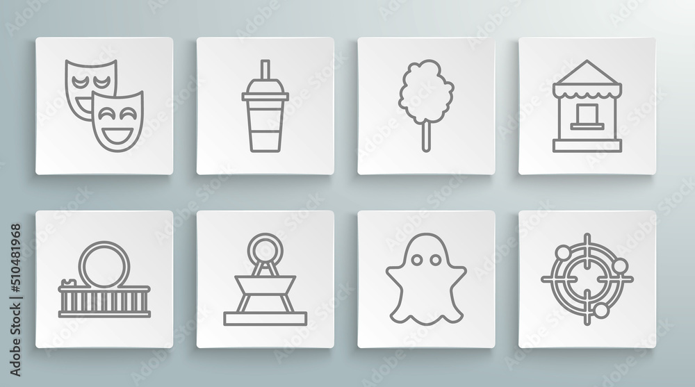 Set line Roller coaster, Attraction carousel, Ghost, Target sport for shooting competition, Cotton candy, Ticket box office and Comedy theatrical masks icon. Vector Set line Roller coaster, Attraction carousel, Ghost, Target sport for shooting competition, Cotton candy, Ticket box office and Comedy theatrical masks icon. Vector