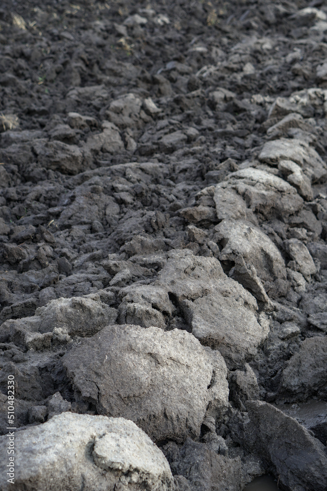 Plowed agricultural field close up for sowing. The process of preparing the soil before planting cereals, legumes, nightshade crops. Farming and food industry Plowed agricultural field close up for sowing. The process of preparing the soil before planting cereals, legumes, nightshade crops. Farming and food industry