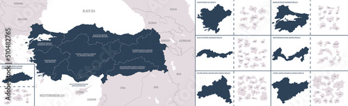 Vector color detailed map of Turkey with the administrative divisions of the country, each Districts is presented separately and divided into Provinces photo