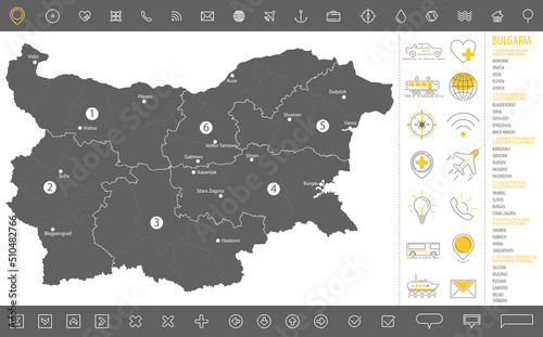 Detailed monochrome map of Bulgaria, gray country territory with geographic borders and administrative divisions on white background, travel icons set, vector illustration