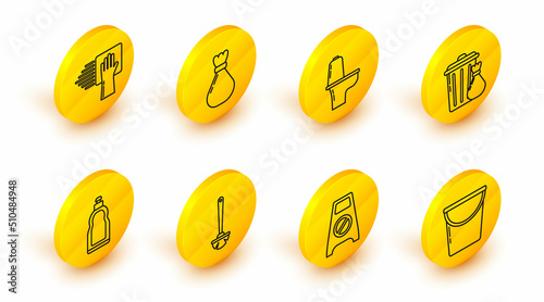 Set line Bucket, Wet floor and cleaning in progress, Toilet brush, Plastic bottles for liquid dishwashing liquid, Trash can garbage bag, bowl, Garbage and Cleaning service icon. Vector