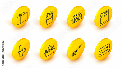 Set line Towel stack, Toilet brush, Plastic bottles for liquid dishwashing liquid, bowl, Washer, Brush cleaning, Bucket with foam and bubbles and paper roll icon. Vector