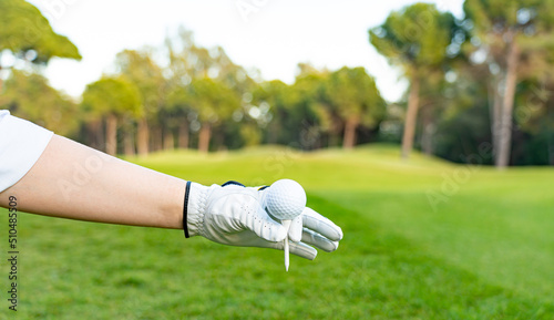 Golfer's hand putting the golf ball from the tee on the green