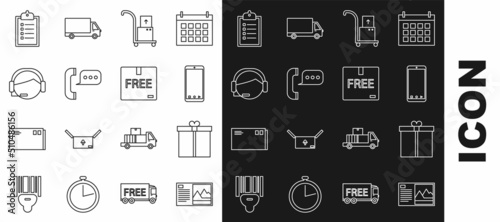 Set line Postcard, Hand truck and boxes, Telephone speech bubble chat, Support operator touch, Verification of list clipboard and Cardboard free symbol icon. Vector