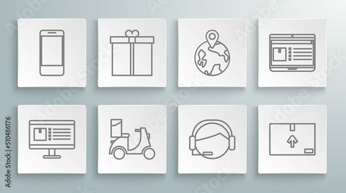 Set line Computer monitor with app delivery tracking, Gift box, Scooter, Support operator touch, Cardboard traffic symbol, Worldwide, Laptop and Mobile phone icon. Vector