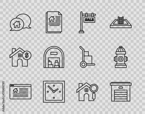 Set line Hanging sign with text Online Sale, Garage, Clock, House building speech bubble, Warehouse, Search and Fire hydrant icon. Vector
