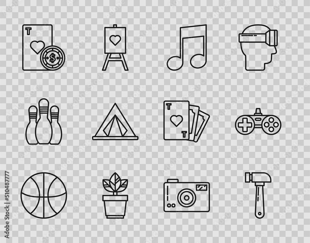 Set line Basketball ball, Hammer, Music note, tone, Flowers in pot, Casino chip and playing cards, Tourist tent, Photo camera and Gamepad icon. Vector Set line Basketball ball, Hammer, Music note, tone, Flowers in pot, Casino chip and playing cards, Tourist tent, Photo camera and Gamepad icon. Vector