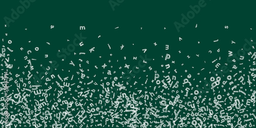 Falling letters of English language. Sketch chalk flying words of Latin alphabet. Foreign languages study concept. Pleasing back to school banner on blackboard background.