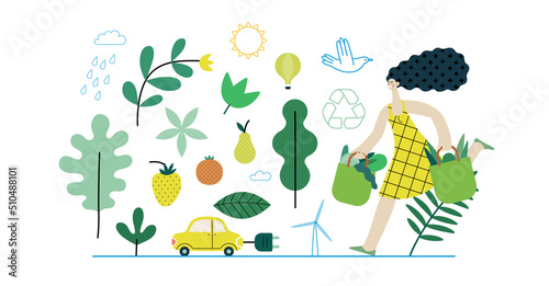 Ecology - Sustainable thinking -Modern flat vector concept illustration, woman with eco bags, electric car, sustainable transport, solar and wind energy, plants. Creative landing web page illustartion