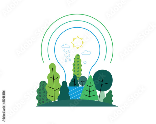 Ecology - Green energy -Modern flat vector concept illustration of electric light bulb filled with trees and plants. a metaphor of sustainable renewable energy. Creative landing web page illustartion