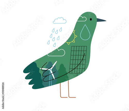 Ecology - Earth day -Modern flat vector concept illustration of a bird filled with ecological symbols of sustainable energy and plants. Creative landing web page illustartion