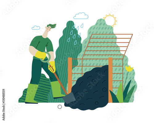 Ecology - Composting, eco farming -Modern flat vector concept illustration of ecology, organic farming metaphor. A man wearing rubber boots, digging composter Creative landing web page illustartion