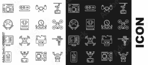 Set line Drone delivery concept, Mechanical robot hand and screwdriver, flying with action camera, User manual, Robot vacuum cleaner, Printed circuit board PCB and digital time manager icon. Vector