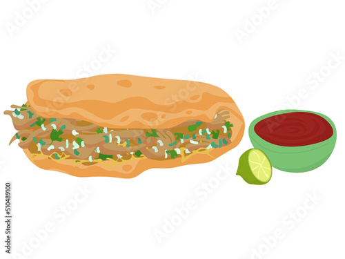 Quesabirria trendy food, meat filling on tortilla with cheese and consommé