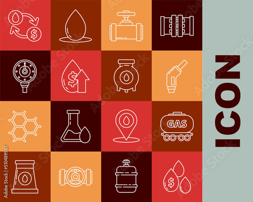 Set line Oil drop with dollar symbol, Industry metallic pipes and valve, price increase, Motor gas gauge, exchange, water transfer, convert and industrial factory building icon. Vector