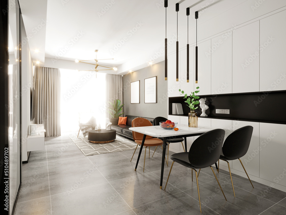 3d render of dining room, living room 3d render of dining room, living room