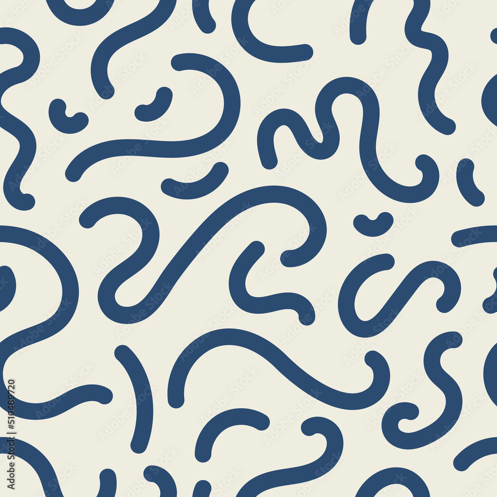 Blue squiggle seamless vector pattern. Navy color squiggly lines on an off white background. Cool, fun, creative, abstract wavy lines. Simple, minimal, repeat backdrop texture. 