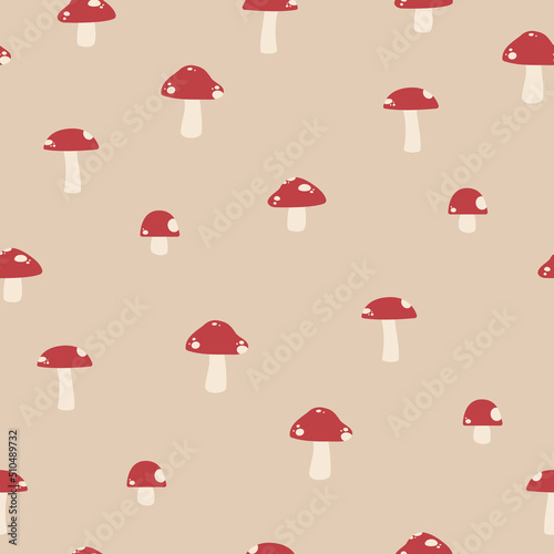 Cute red mushroom seamless vector pattern. Simple, modern minimal flat design. Autumn fall surface pattern for kids and children in neutral, natural colors. Repeat, backdrop, endless print. 