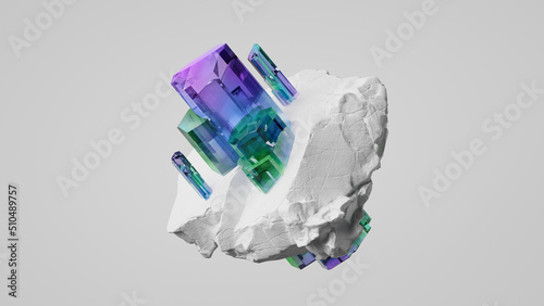 3d render, violet green tourmaline amethyst crystals growing on white rock. Abstract nugget clip art isolated on white background photo