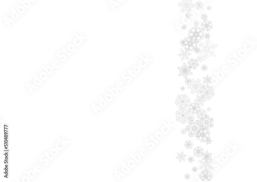 Snowflakes falling on white background. Horizontal Christmas and Happy New Year theme. Silver falling snowflakes for banner, gift card, party invitation, partner compliment and special business offers