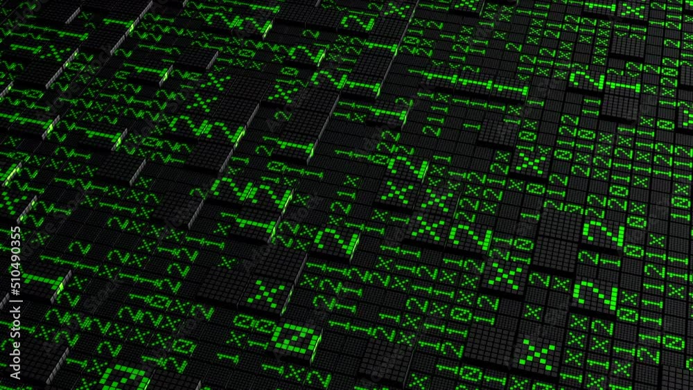 Background with surface of squares and code. Motion. Computer surface