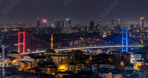 Istanbul Bosphorus Bridge 15th July Martyrs Bridge. Night view from Camlica Hill. Istanbul  Turkey.