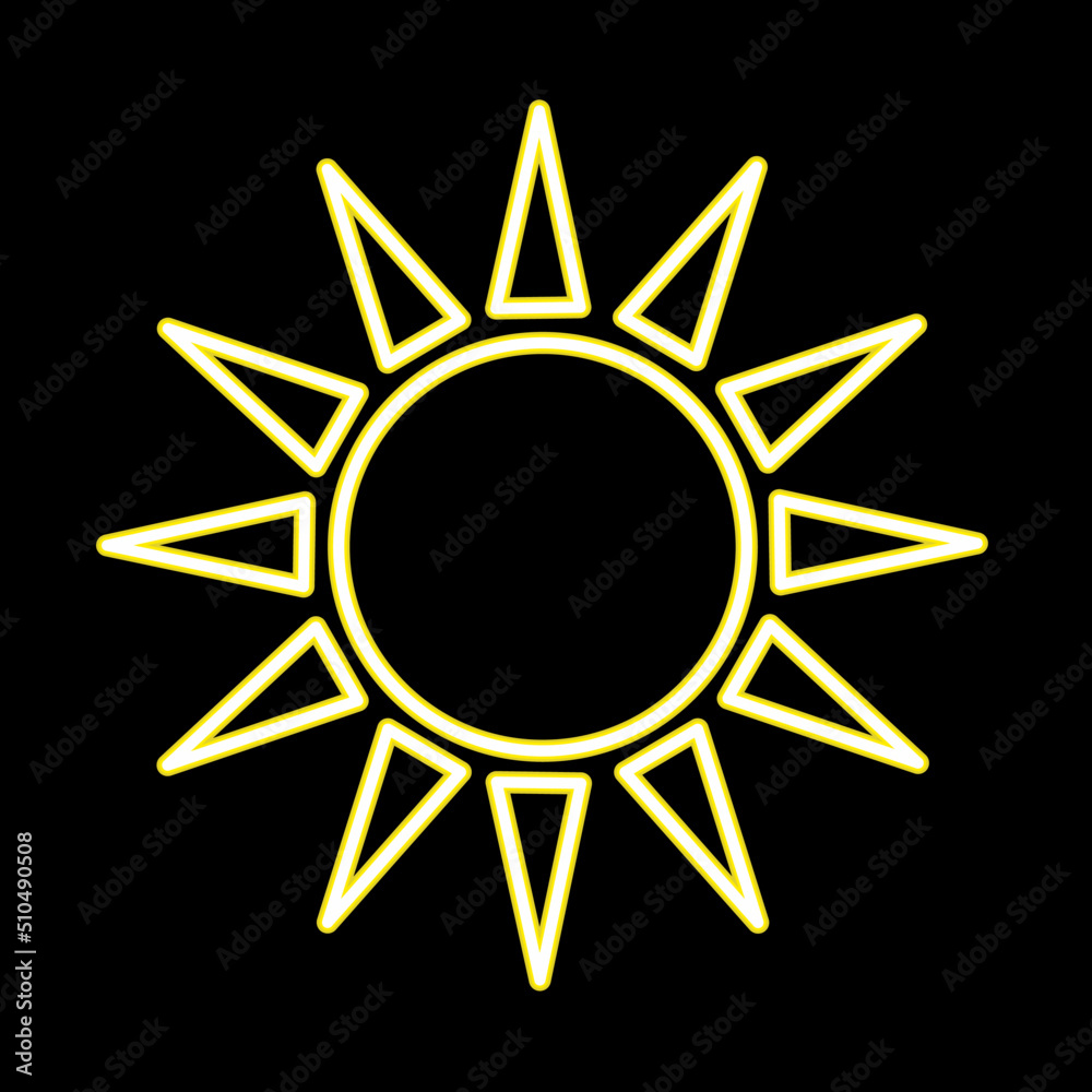 Yellow neon sun icon isolated on black background. Logo design concept for sun, energy, heat, light and shine. Vector illustration of modern thin line icon.