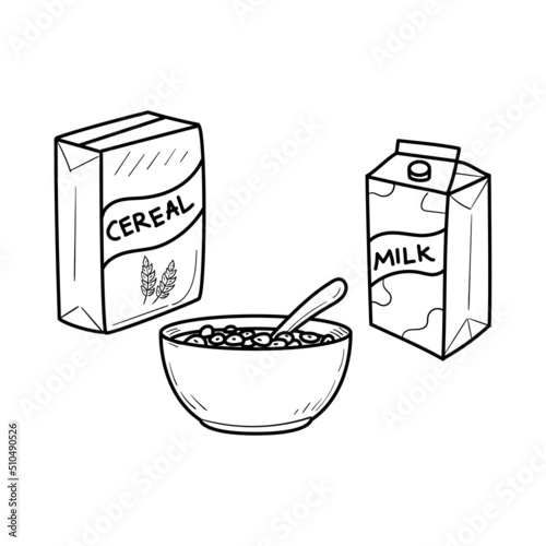 Bowl of cereal with milk vector illustration in doodle drawing style isolated on white background