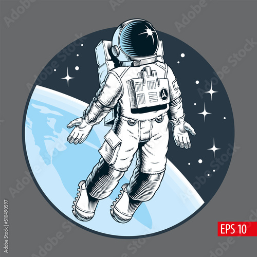 Astronaut flying in outer space, zero gravity. Stars and planet on background. Comic book style vector illustration.