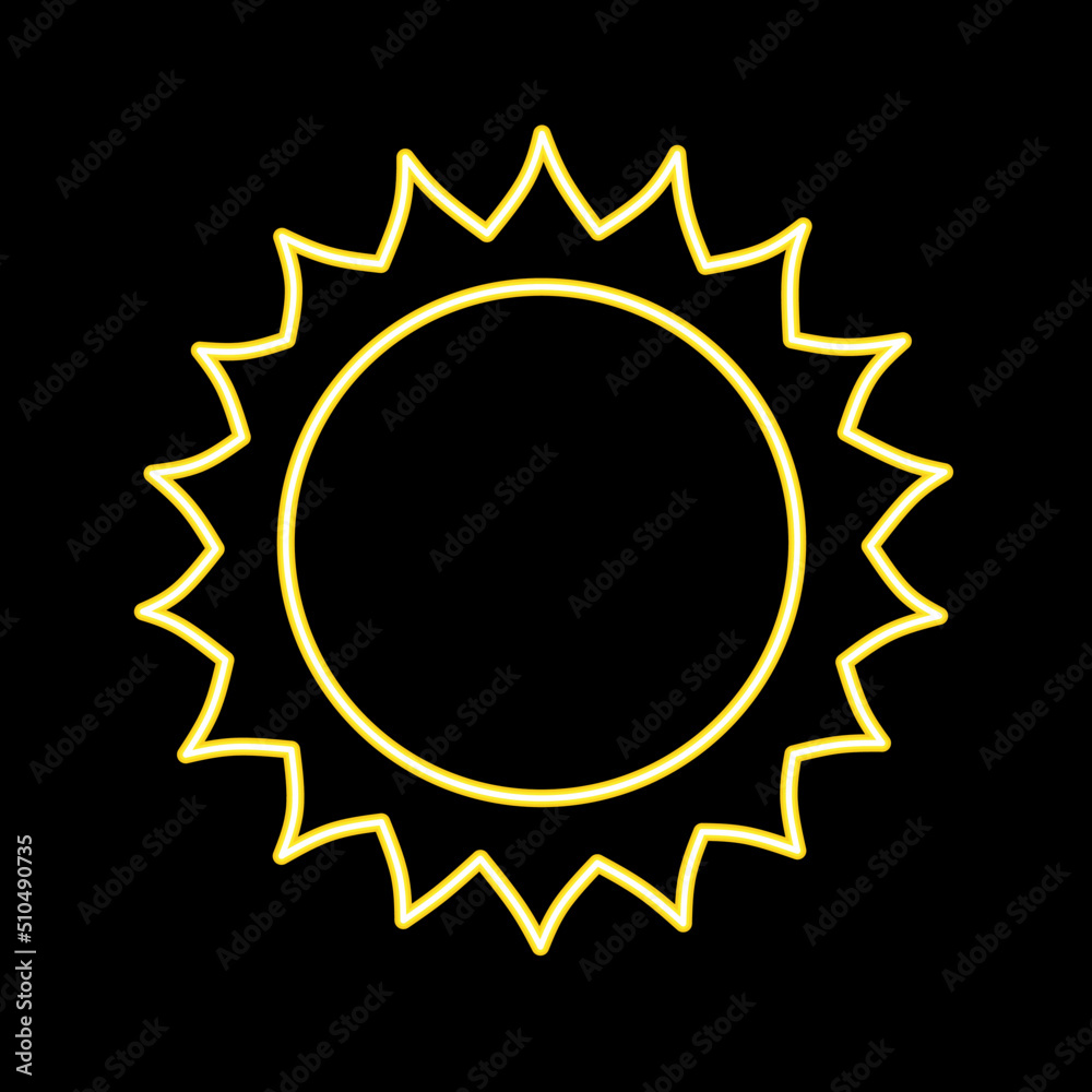 Yellow neon sun icon isolated on black background. Logo design concept for sun, energy, heat, light and shine. Vector illustration of modern thin line icon.