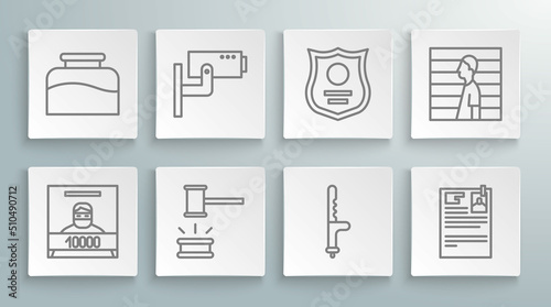 Set line Wanted poster, Security camera, Judge gavel, Police rubber baton, Lawsuit paper, badge, Suspect criminal and Inkwell icon. Vector