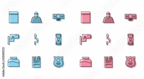 Set line Inkwell, Lawsuit paper, Plastic bag with ziplock, Police badge, Footsteps, Old hourglass sand, Security camera and Prisoner icon. Vector