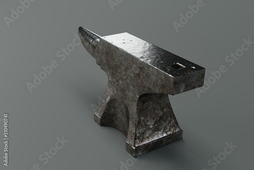 Back view of an iron forging anvil isolated on a grey background. 3D rendering.