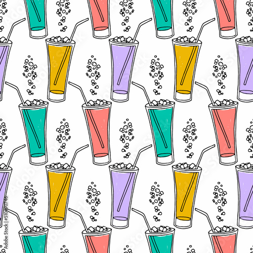 Hand drawn seamless pattern with icy glasses with straws and bubbles. Colorful background.