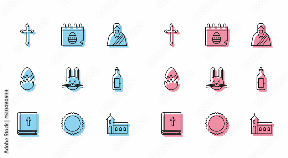 Set line Holy bible book, Sun, Christian cross, Church building, Easter rabbit, Bottle of wine, Broken egg and Calendar with icon. Vector Set line Holy bible book, Sun, Christian cross, Church building, Easter rabbit, Bottle of wine, Broken egg and Calendar with icon. Vector