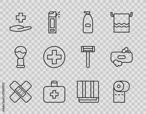 Set line Crossed bandage plaster, Toilet paper roll, Bottle of liquid antibacterial soap, First aid kit, hospital medical, Towel stack and Bar icon. Vector