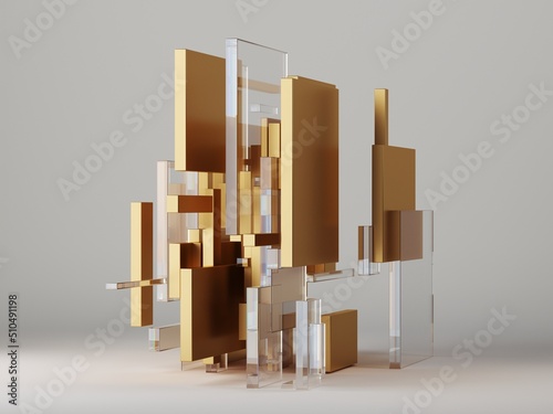 Fototapeta Naklejka Na Ścianę i Meble -  3d render, abstract modern background with golden and crystal geometric vertical panels isolated on white