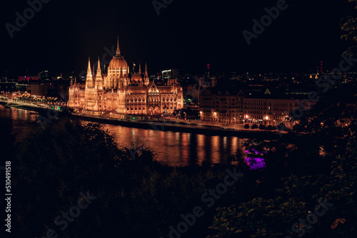 Hungarian Parliament and Danube river at night  Budapest  Hungary.
